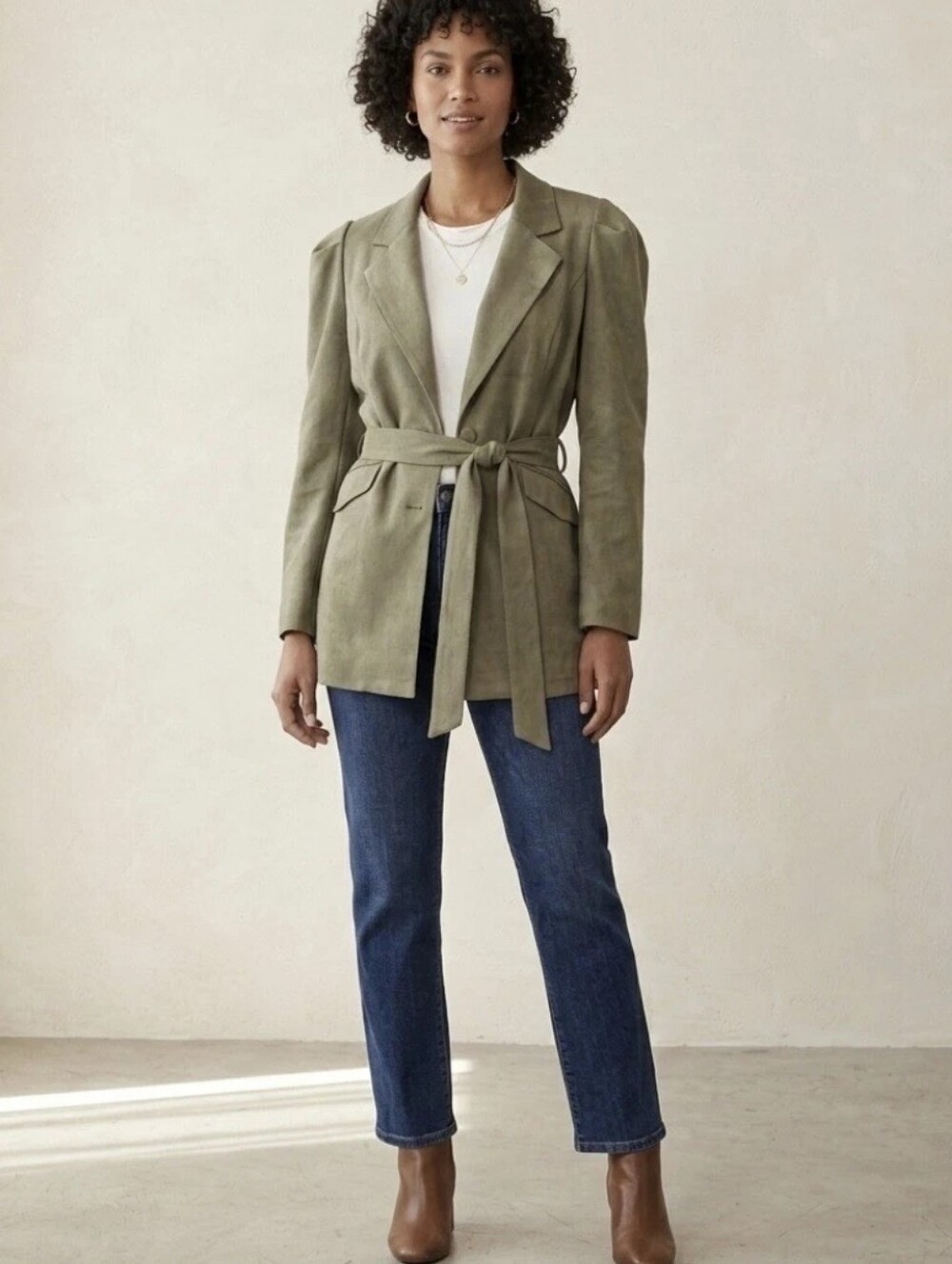 Solitaire Sage Green Faux Suede Belted Blazer Jacket Puff Sleeve Button Front LG - Picture 16 of 16